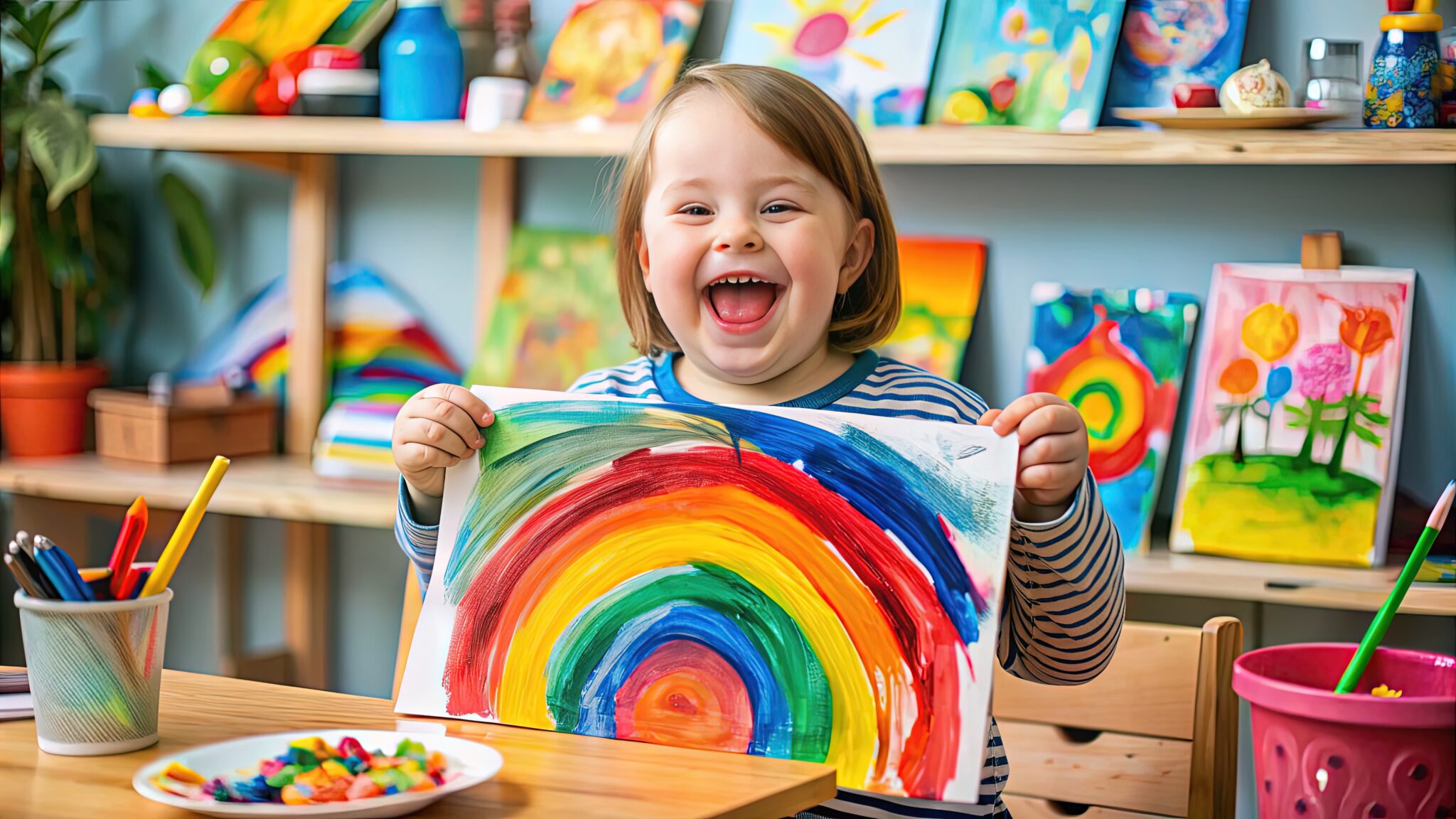Joyful child with Down syndrome smiling brightly, holding a colorful painting, surrounded by art supplies and celebrating creativity and individuality.
