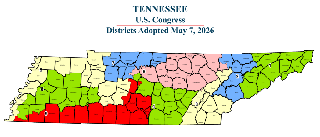 Map of Tennessee showing new U.S. Congressional districts adopted on May 7, 2026. Districts are numbered 1 to 9 and shaded in different colors for distinction. Major counties and district boundaries are clearly marked across the state.