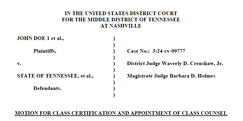 Court document header for a case in the U.S. District Court, Middle District of Tennessee, with case and judge details, titled "Motion for Class Certification and Appointment of Class Counsel.